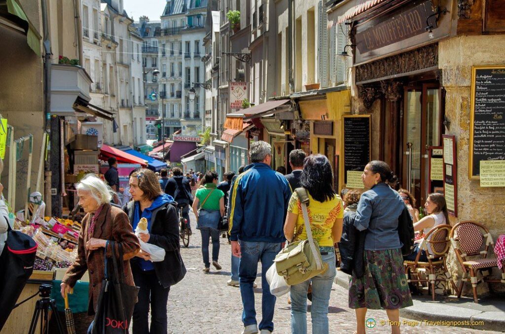Street market along Rue Mouffetard in Paris’ 5th Arrondissement.