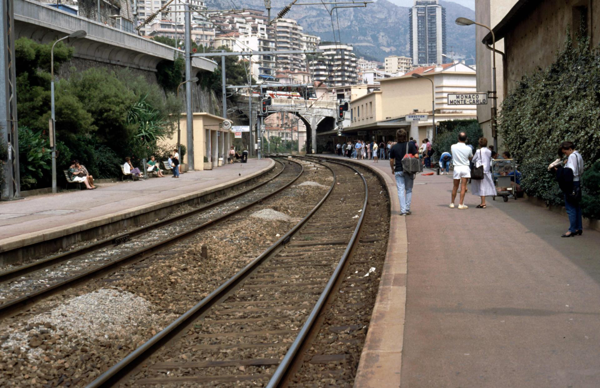 View from a train window overlooking the Mediterranean Sea near Monte Carlo.
