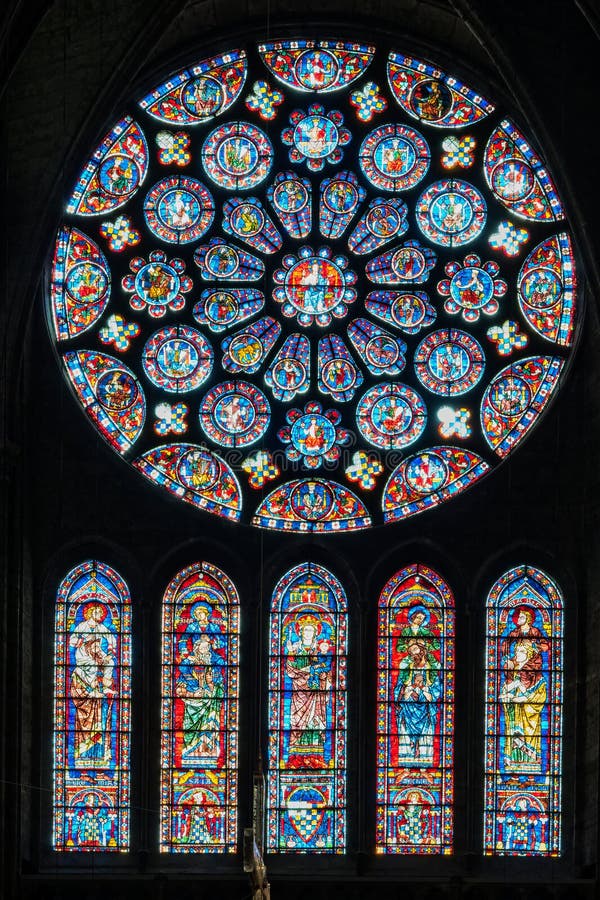 Sunlight reflecting off stained glass windows inside Chartres Cathedral