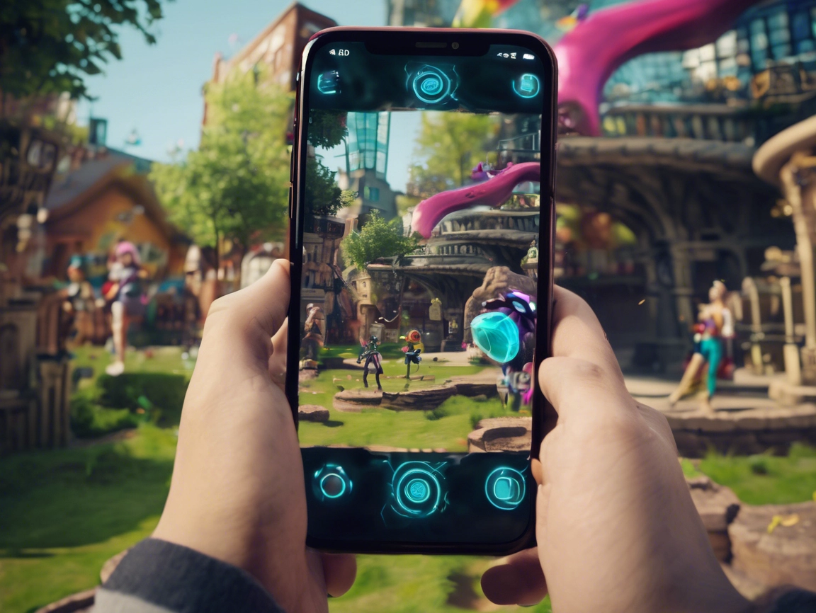 Player exploring AR gaming experience in a real-world park with digital overlay.