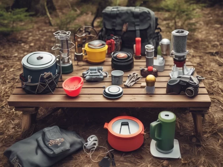 3D printed camping gear arranged on a wooden picnic table