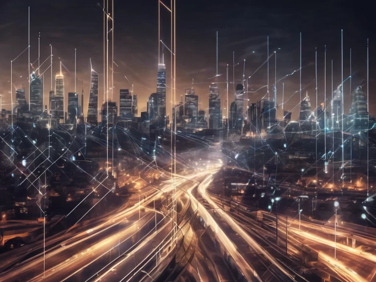 Illustration of a Connected smart city with network lines and digital data flow