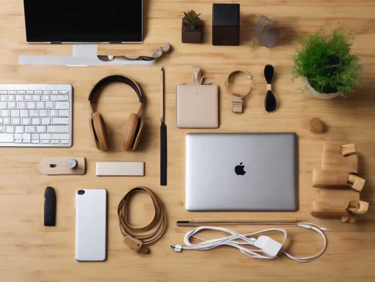 Flat lay of bamboo tech accessories next to a modern laptop