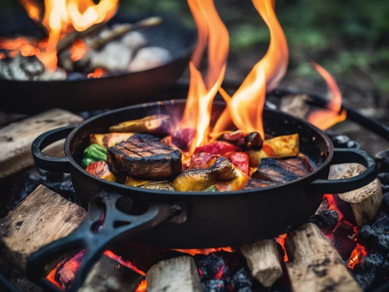 Campfire cooking chemistry—cast iron pan over open flame with sizzling food