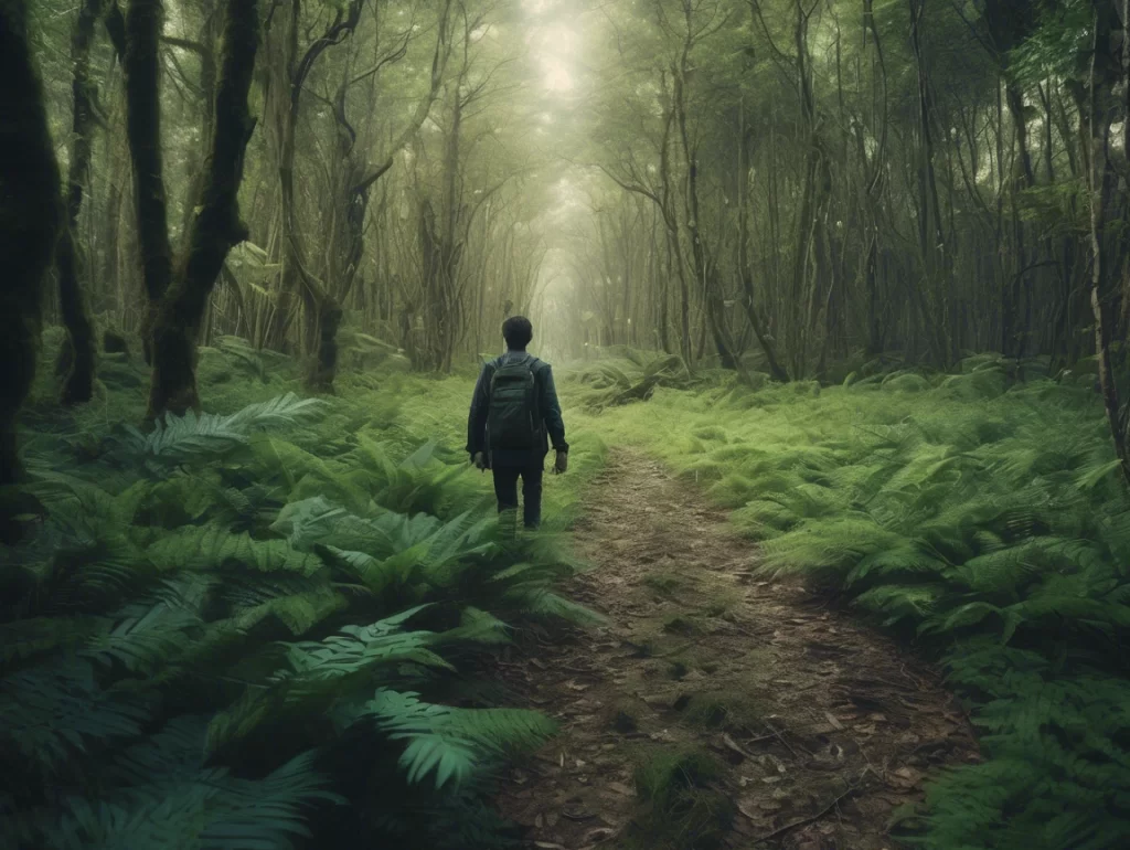 Solo hiker walking through woods during a digital detox