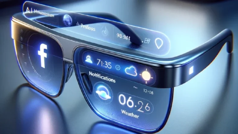 AI smart glasses beside a phone and laptop with a futuristic buying guide style background.