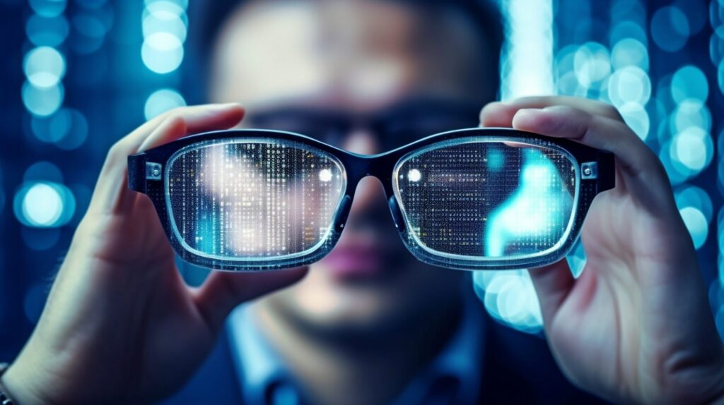 Person wearing AI smart glasses with digital navigation and translation prompts.