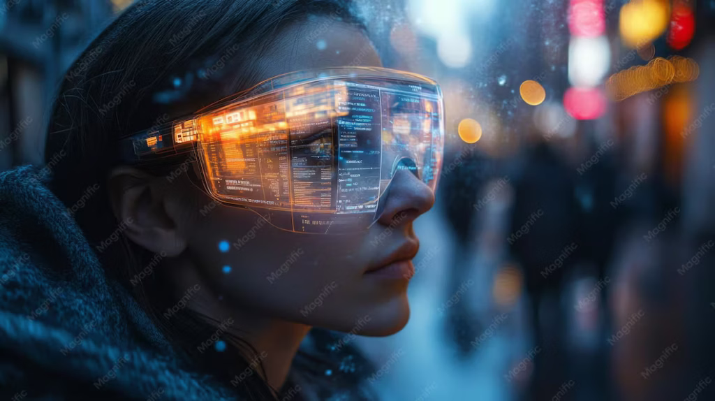 Person wearing AI smart glasses in a public place with subtle privacy and recording symbols.